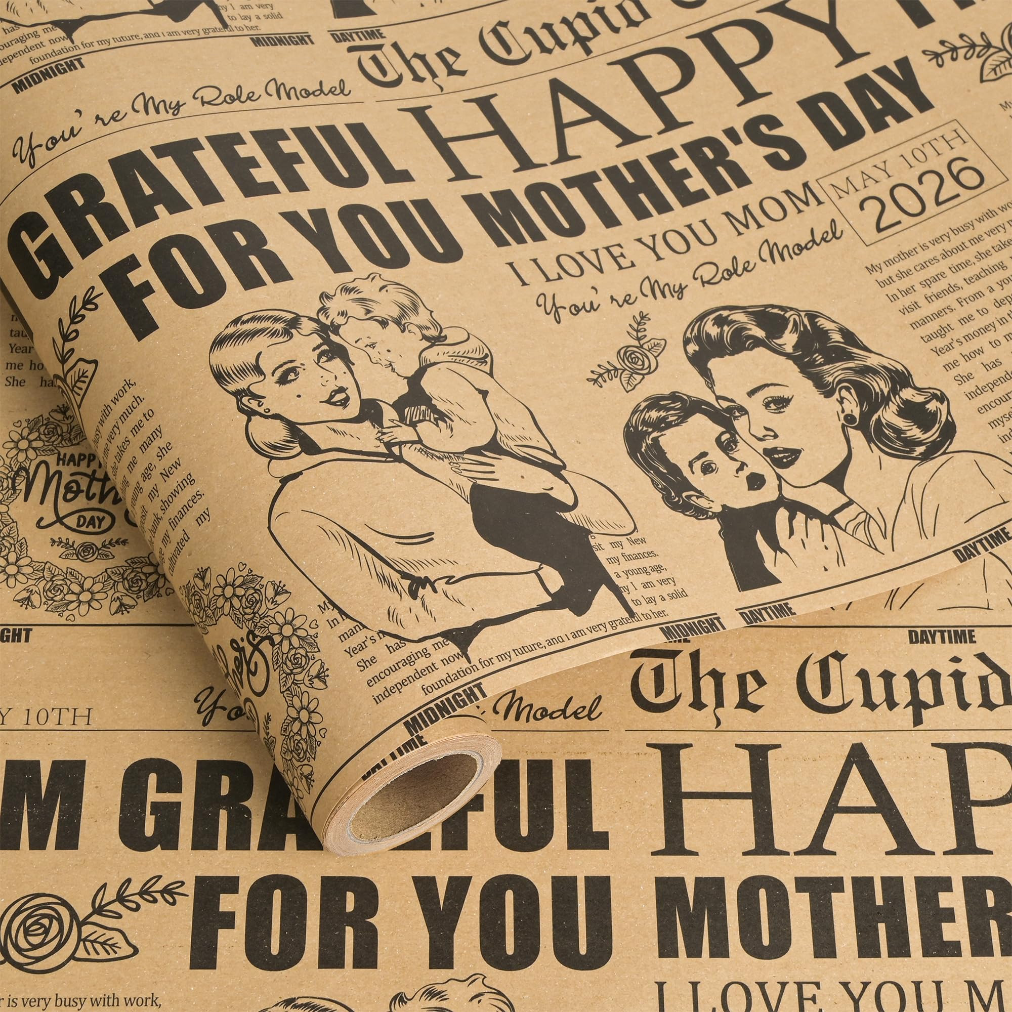 Dtiafu Vintage Mother's Day Wrapping Paper Roll - Kraft Newspaper Gift Wrap Design for Mom Grandm... | Amazon (US)