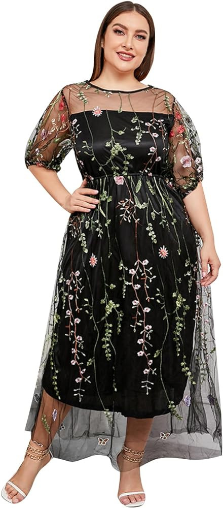 1/2 Sleeve Floral Embroidery Dress for Women Plus Size Embroidered Tulle Dress Mesh Wedding Guest... | Amazon (US)