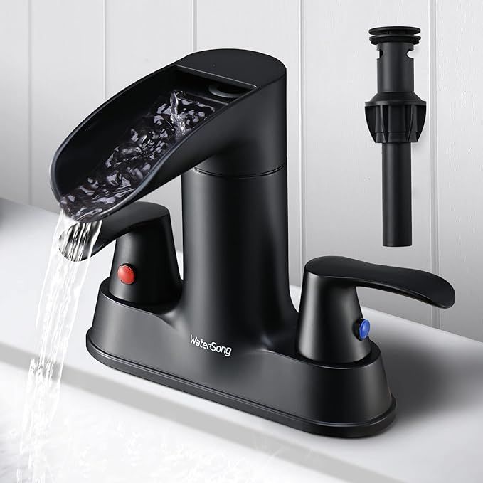 Black Bathroom Faucet 4 Inch 2 Handle - WaterSong Waterfall Bathroom Sink Faucet with Pop-up Drai... | Amazon (US)
