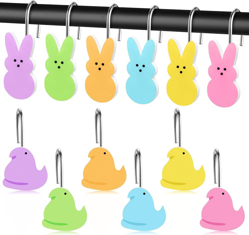 MALLMALL6 12Pcs Easter Bunny Chick Shower Curtain Hooks Metal Rustproof Colorful Rabbit Chicken D... | Amazon (US)