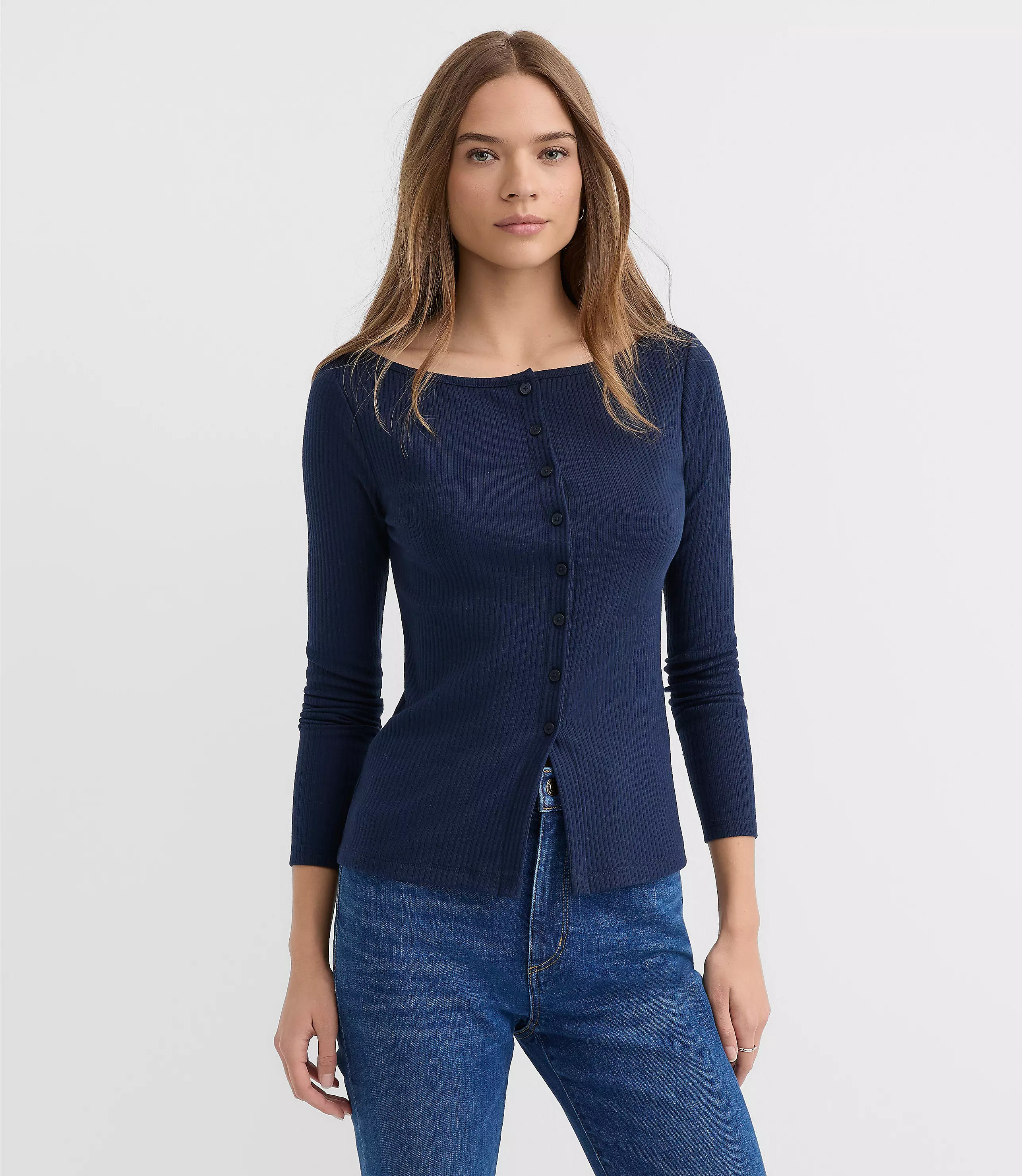 Ribbed Boatneck Button Top | LOFT