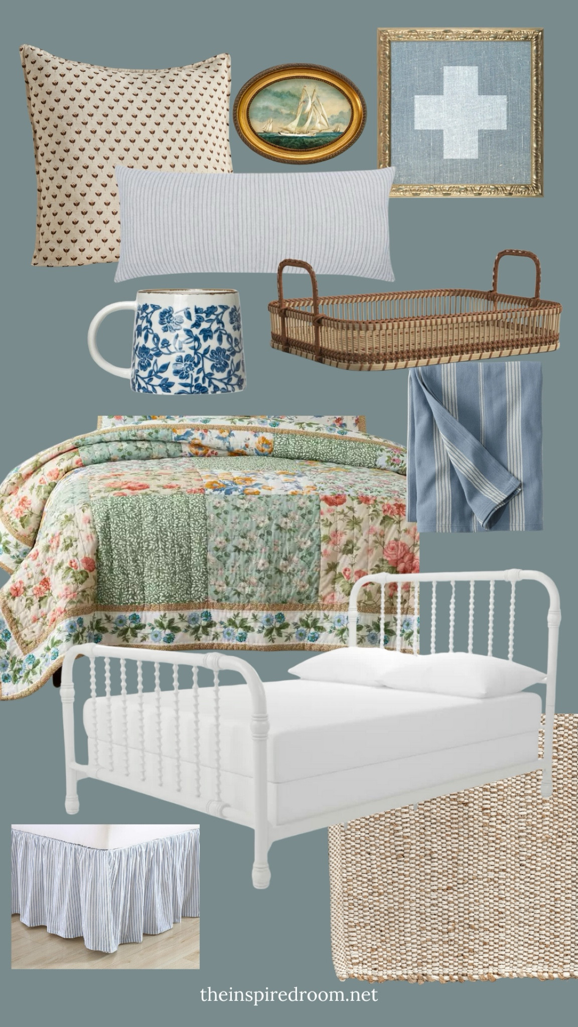 Get the look: our cozy guest bed in the Snug. Iron bed, blue striped blanket, bed skirt bedskirt, patchwork quilt, shams, rattan tray, mug, pillows, rug, framed oval seascape art, chambray Swiss cross art 

#LTKStyleTip #LTKHome #LTKSaleAlert