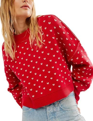 Womens Cropped Pullover Sweater Polka Dot Chunky Knit Sweater Floral Printed Crewneck Long Sleeve... | Amazon (US)