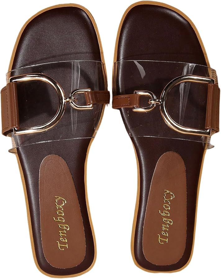 OYOANGLE Women's Metal Buckle Clear Flats Dressy Sandals Square Open Toe Slip On Slide Shoes | Amazon (US)