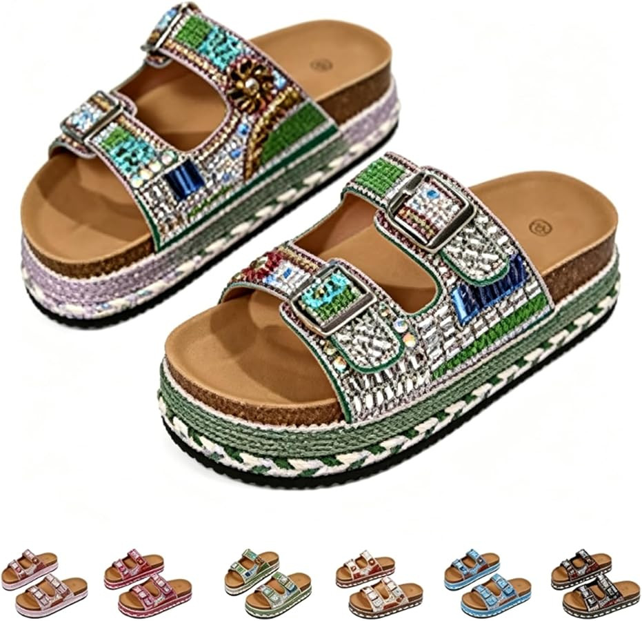 Women's Fancy Beaded Slide Sandals,Wide Width Slip on Slides Cork,Womens Double Buckle Rhinestone... | Amazon (US)