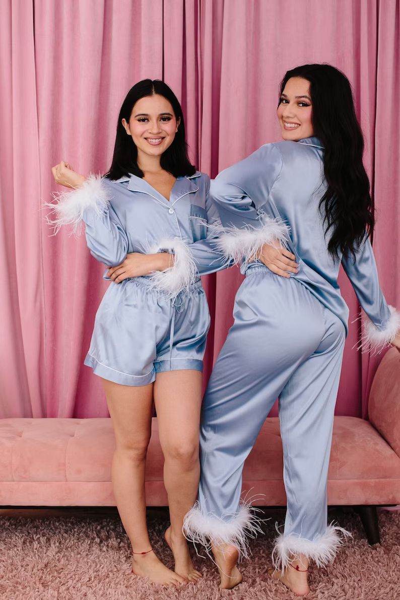 Satin Feather Pjs, Feather Long Sleeve Long Pants Pjs, Bridesmaid Pajamas, Bridal Party Pajamas, ... | Etsy (US)