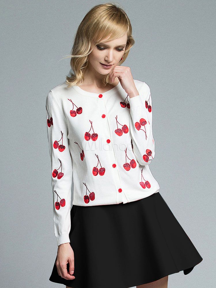 White Sweater Cardigan Cherry Printed Women's Long Sleeve Knit Short Cardigan | Milanoo