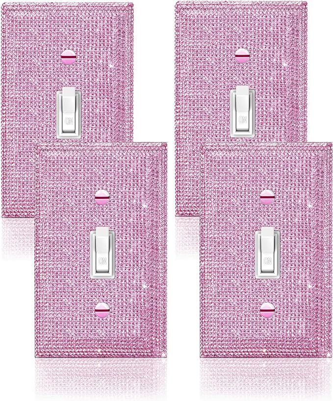 4 Pcs Silver Shiny Silver Pink Rhinestones Wall Plate 1 Gang Toggle Light Switch Cover Decorative... | Amazon (US)