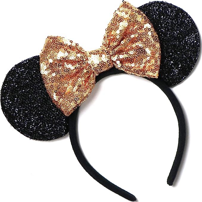 Minnie Mouse Ears Headband Golden Gold Yellow Sparkle Sequin Glitter Silver Bow Fits Children and... | Amazon (US)