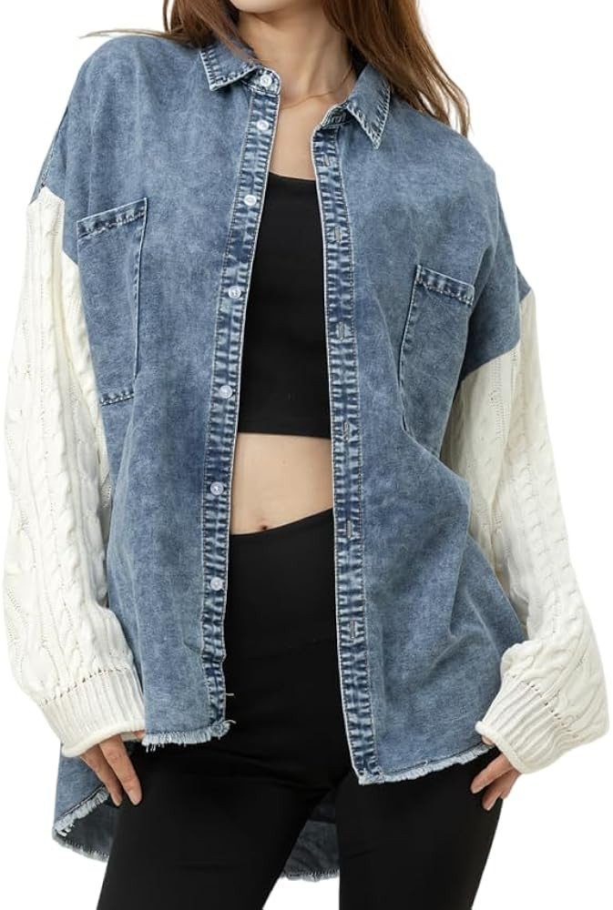 Women's Cozy Sweater Sleeve Denim Shacket, Oversized Button Down Jean Jacket with Knit Cuffs, Win... | Amazon (US)