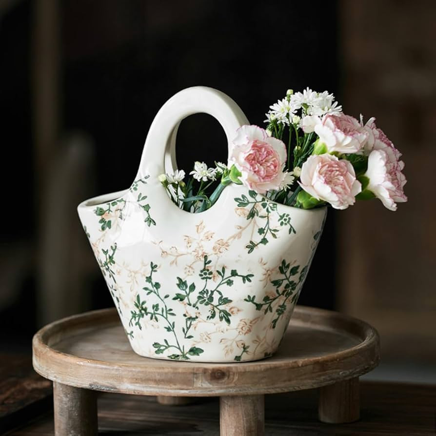 Green Chinoiserie Floral Vase,Ceramic Handbag Vases Retro Green Ceramic Flower Vases for Home Dec... | Amazon (US)