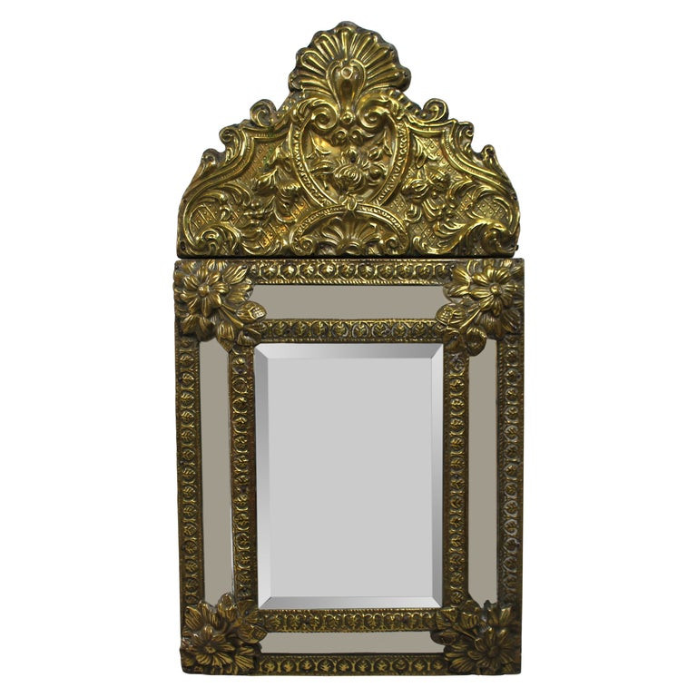 Small 19th C. French Repoussé Brass Cushion Mirror | 1stDibs