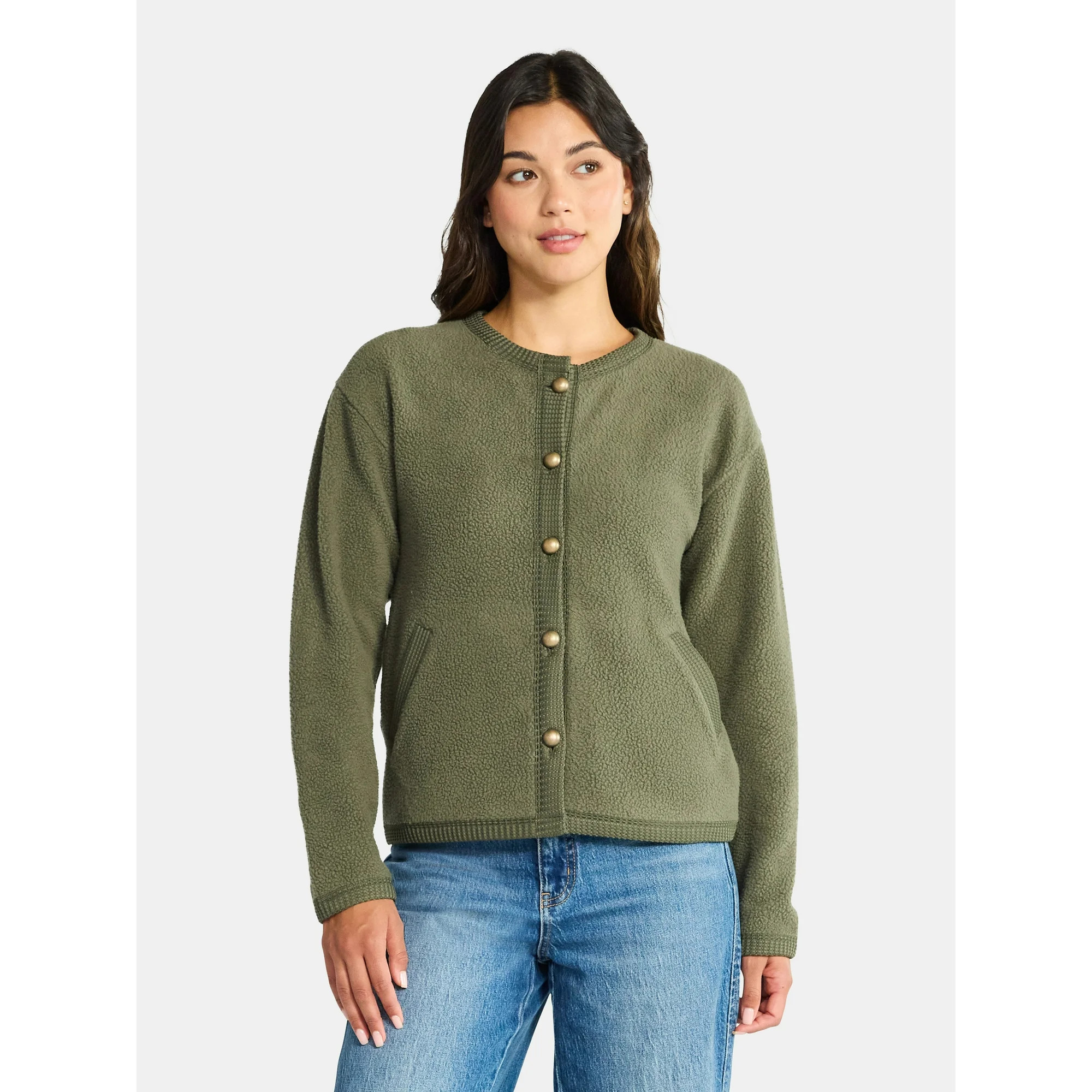 Time and Tru Women's Fleece Button Up Jacket, Lightweight, Sizes XS-XXXL | Walmart (US)