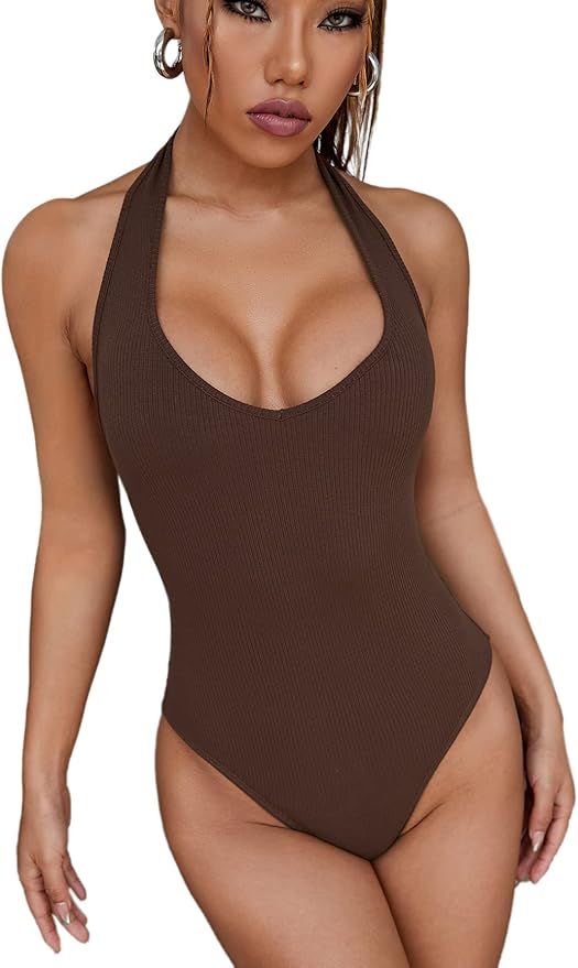 SweatyRocks Women's Sleeveless Ribbed Halter Neck Cheeky Cut Bodysuit Top | Amazon (US)