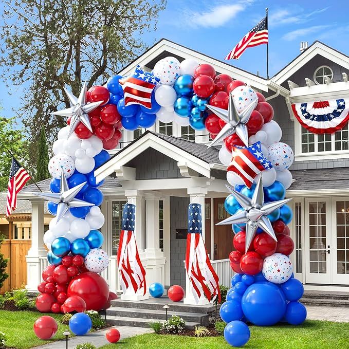 151pcs Red White and Blue Balloon Garland Arch Kit Patriotic Decorations with Exploding Star Ball... | Amazon (US)