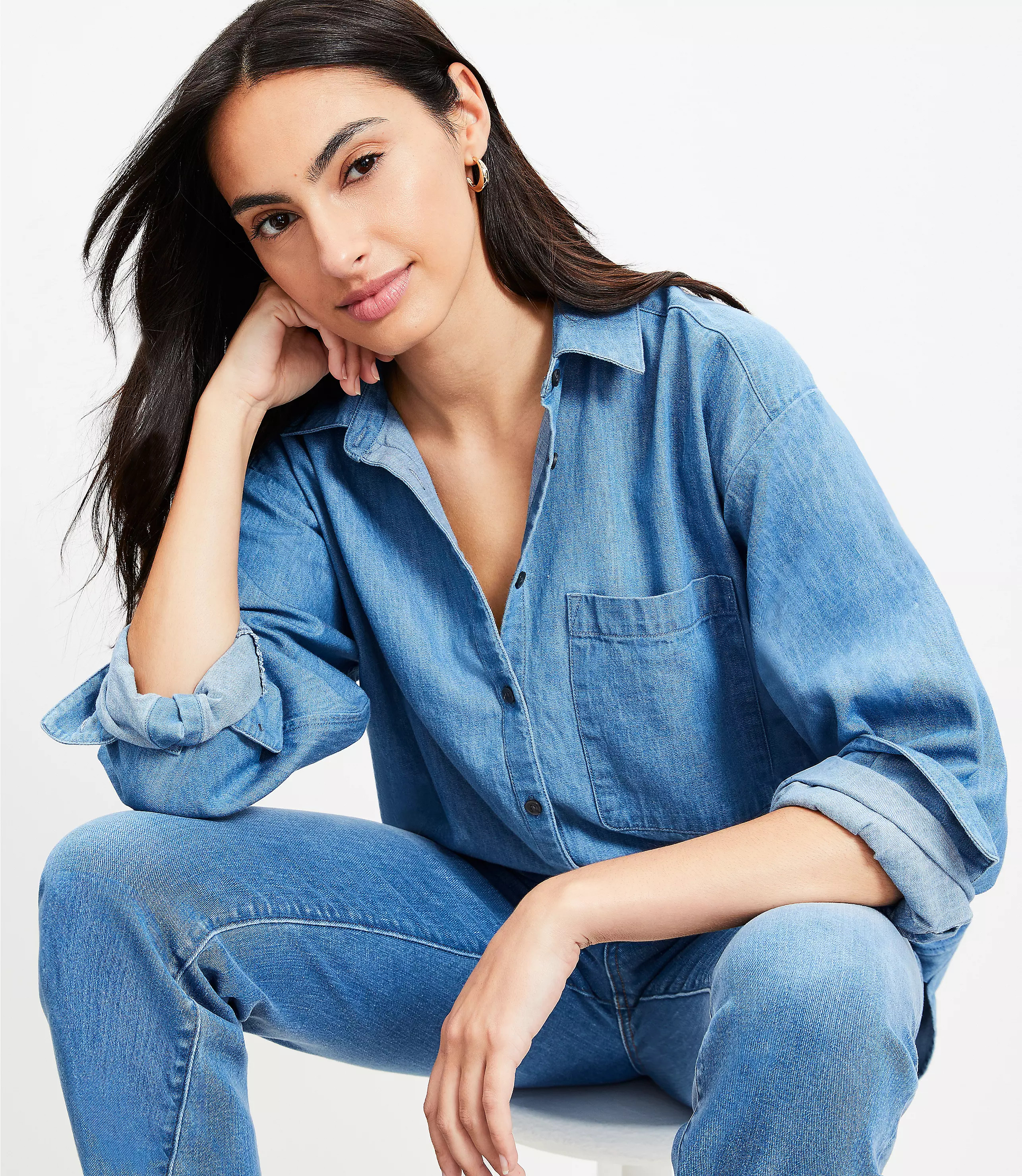Chambray Everyday Oversized Pocket Shirt | LOFT