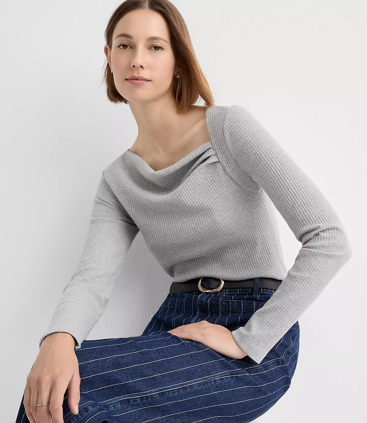 Heathered Asymmetrical Neck Ribbed Top | LOFT