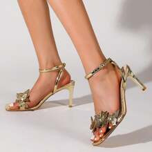 Gold Bow Heels Sexy Stiletto Heeled Sandals With Ankle Strap Gold Heels For Womens Wedding | SHEIN
