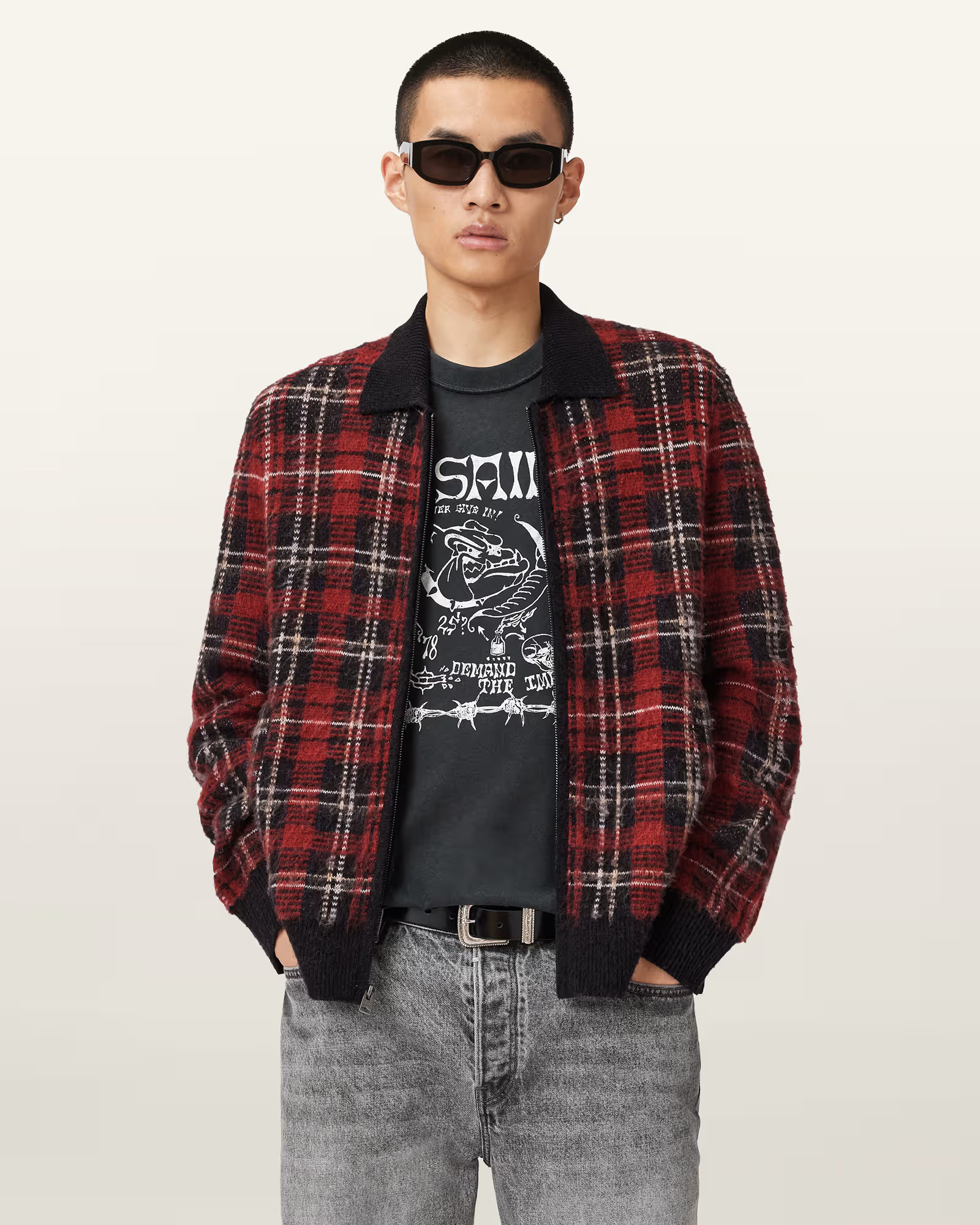 Nettle Jacquard Plaid Cardigan Red | ALLSAINTS US | AllSaints US