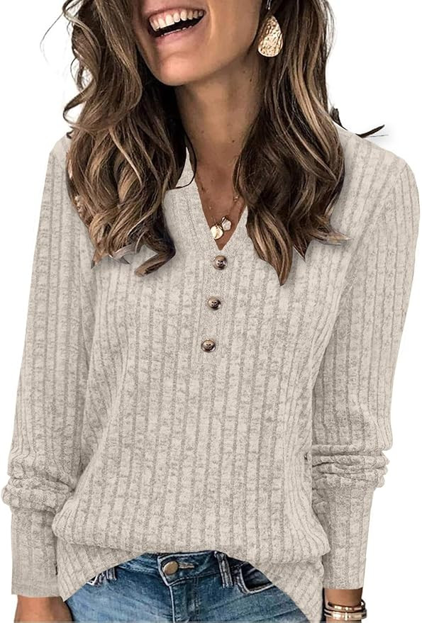 Sweaters for Women Fashion Long Sleeve Tops Pullover V Neck Casual Loose Sweatshirt | Amazon (US)