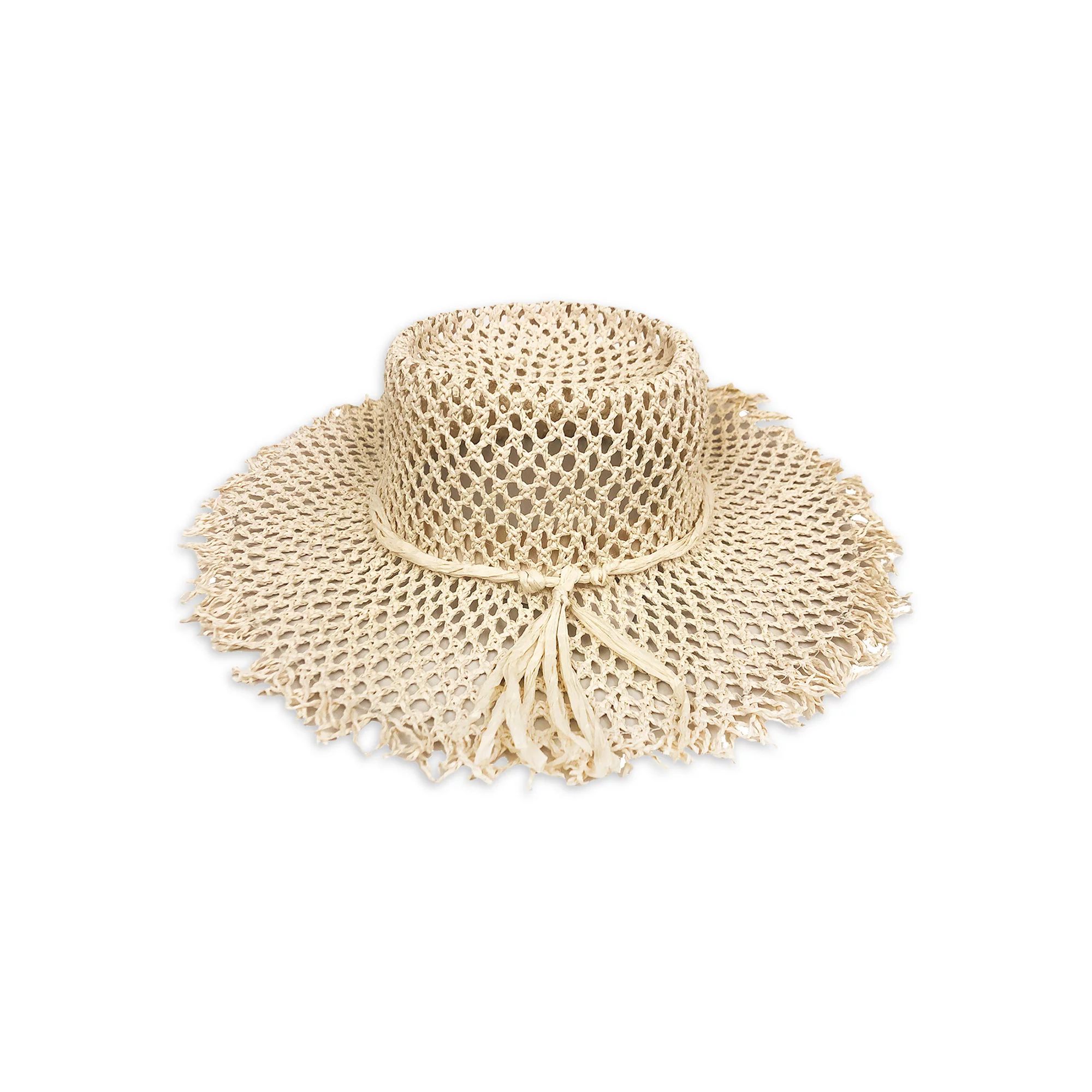 Women Laundry by Shelli Segal Openwork Raffia Fringe Straw Boater Sun Beach Hat in Almond | Walmart (US)