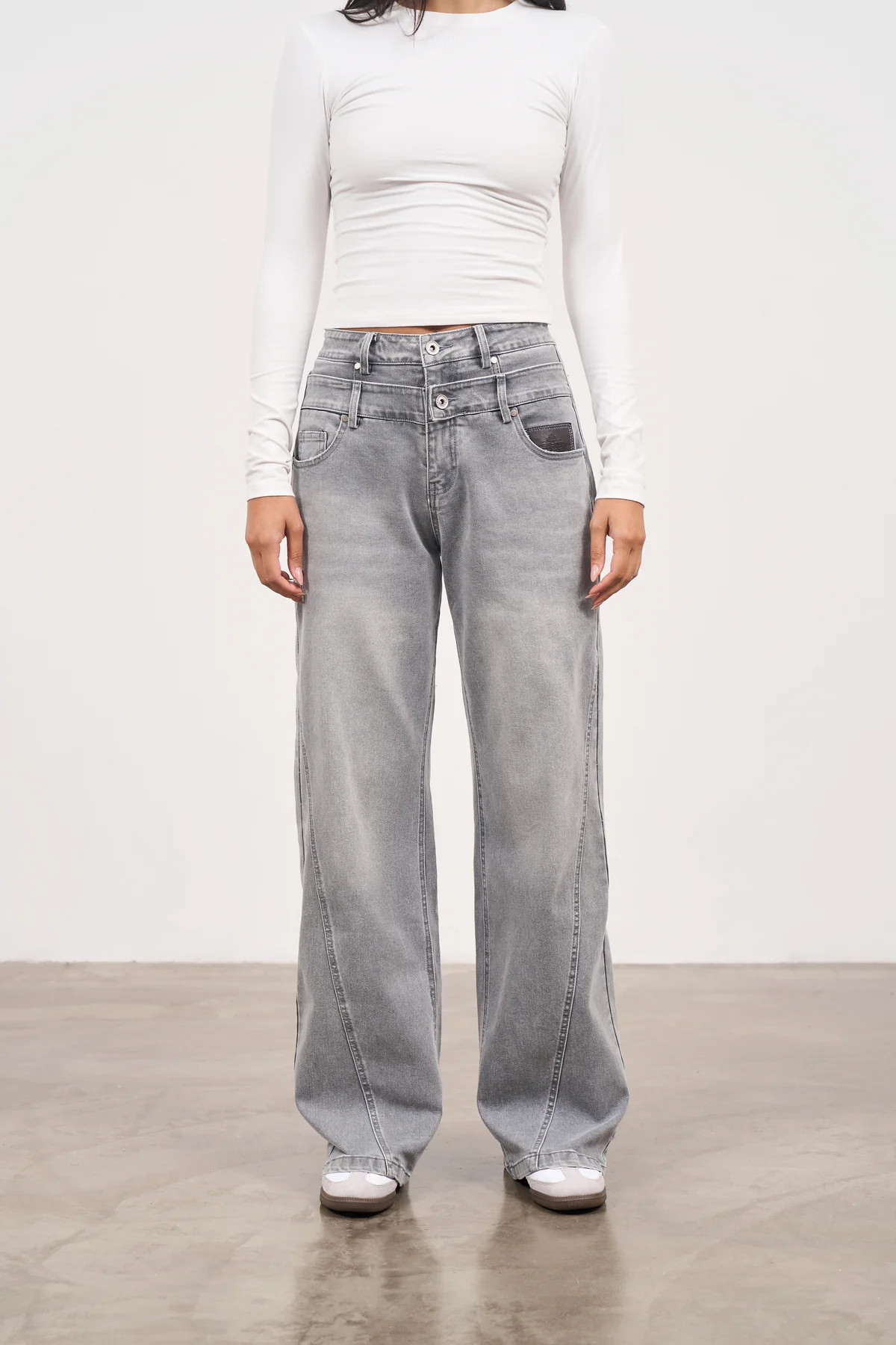 DISTRESSED DOUBLE WAISTBAND JEANS - GREY WASH | The Couture Club