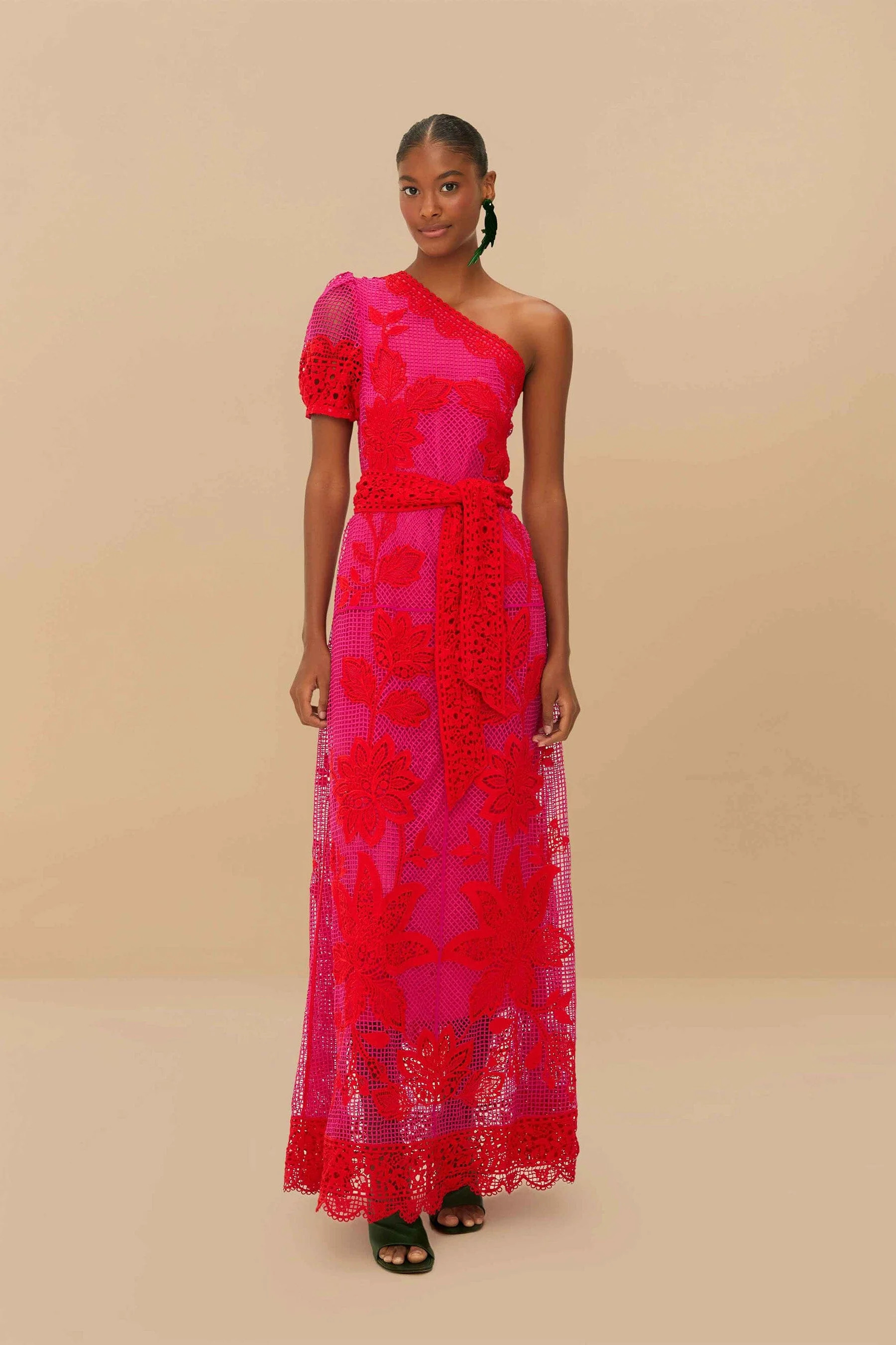 Bicolor Guipure One-Shoulder Maxi Dress | FarmRio (US)