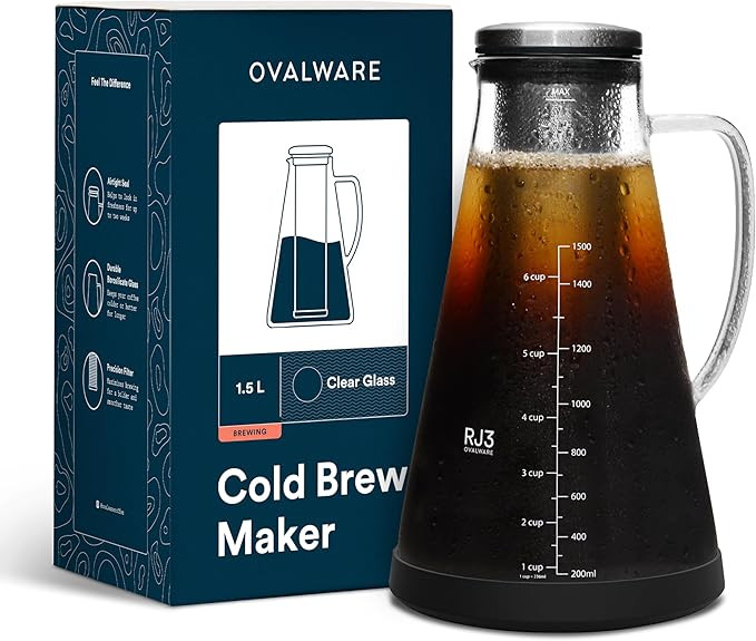 OVALWARE Airtight Cold Brew Maker | 1.5L / 51oz Borosilicate Glass Cold Brew Coffee Pitcher with ... | Amazon (US)