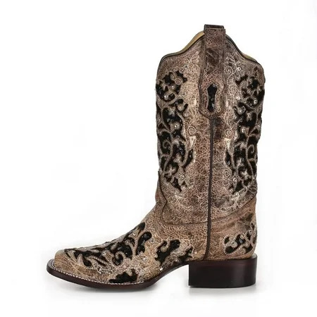 CORRAL Adult Female Inlay Flowered Embroidery with Studs and Crystals Square Toe Boots, Color: Brown, Size: 7.5, Width: M | Walmart (US)