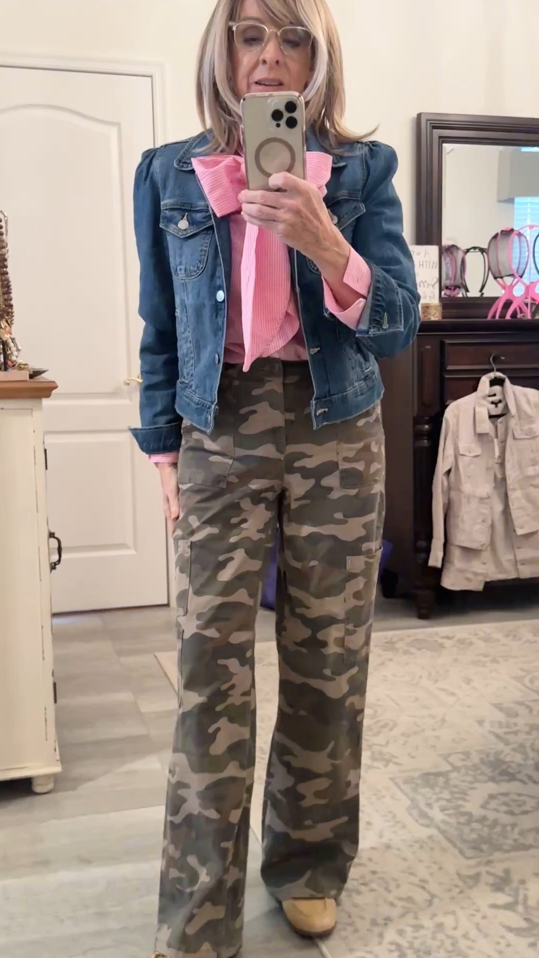 A little print mixing! Viral Walmart camo pants look great with the Amazon pink bow blouse and Walmart loafers. My denim jacket is also from Walmart but it’s a few years old. 

#LTKOver40 #LTKootd #LTKstorytime