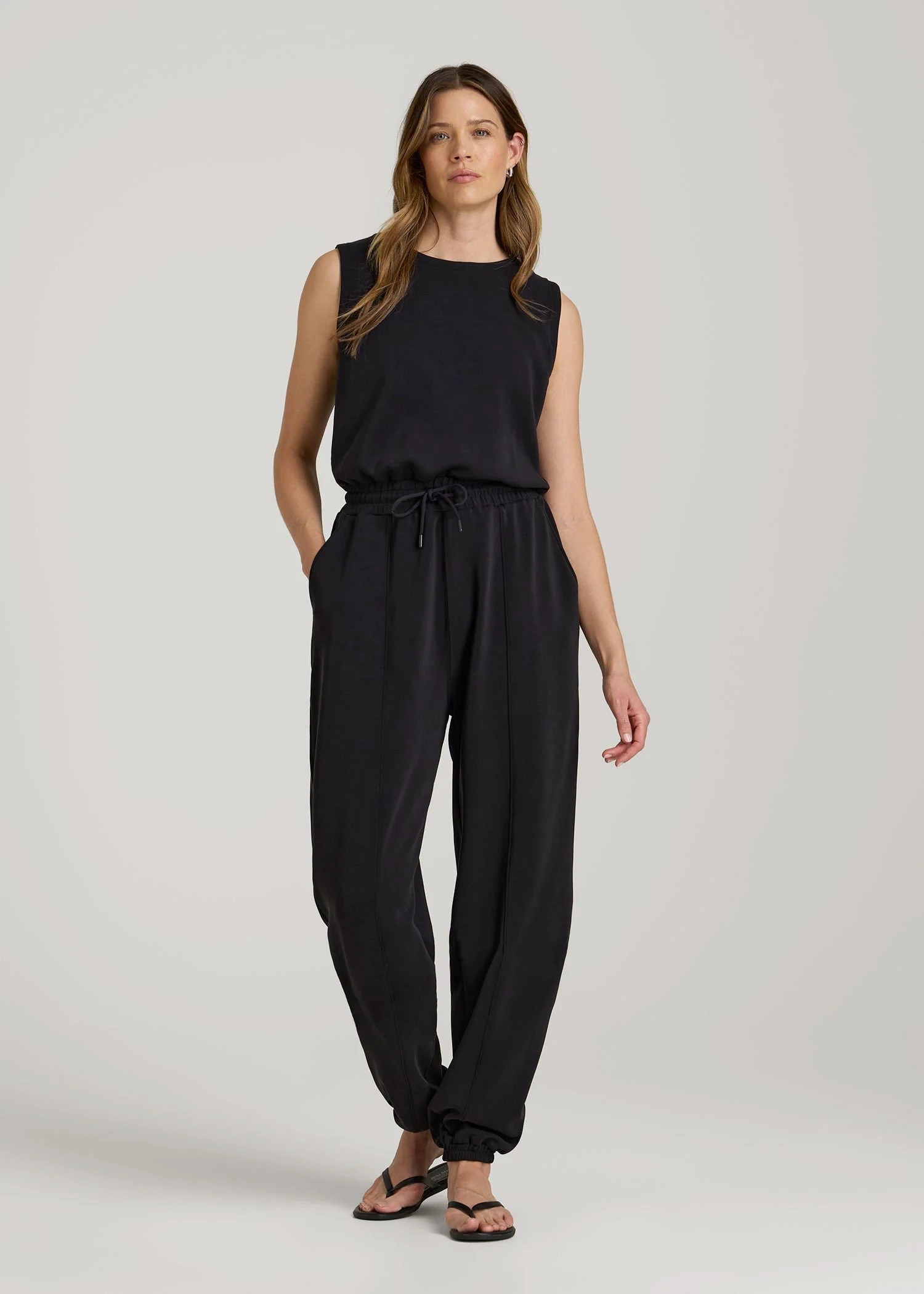 Soft Motion Sleeveless Sweatpant Jumpsuit for Tall Women in Black | American Tall