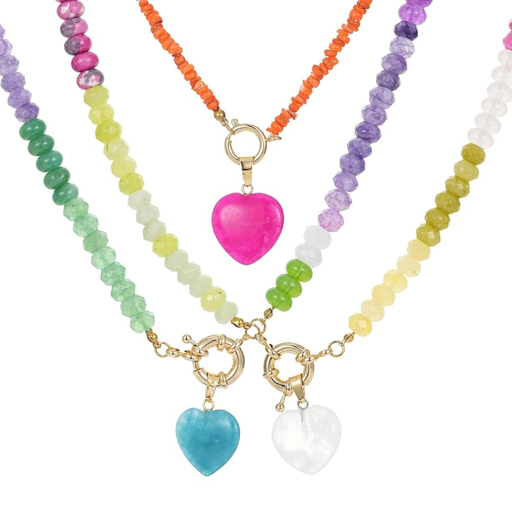 3Pcs Multi-Color Beaded Necklace for Women, Handmade Natural Stone Heart Charms Necklace Set Colo... | Amazon (US)