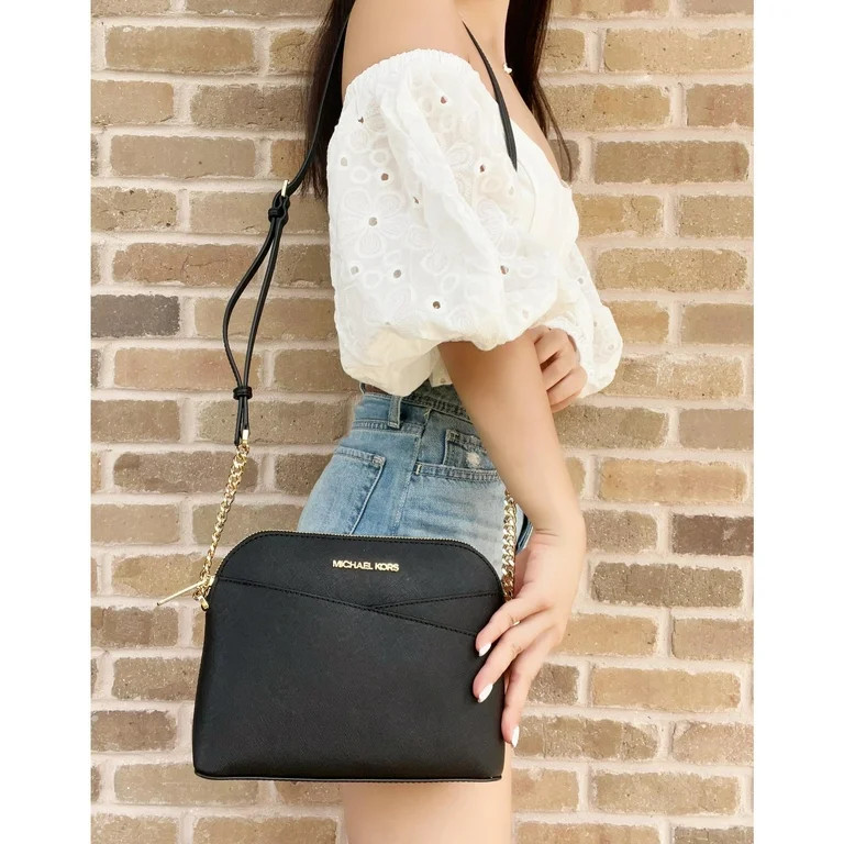 Michael Kors Jet Set Travel Medium Leather X Cross Dome Crossbody Handbag (Black Solid/Gold) | Walmart (US)