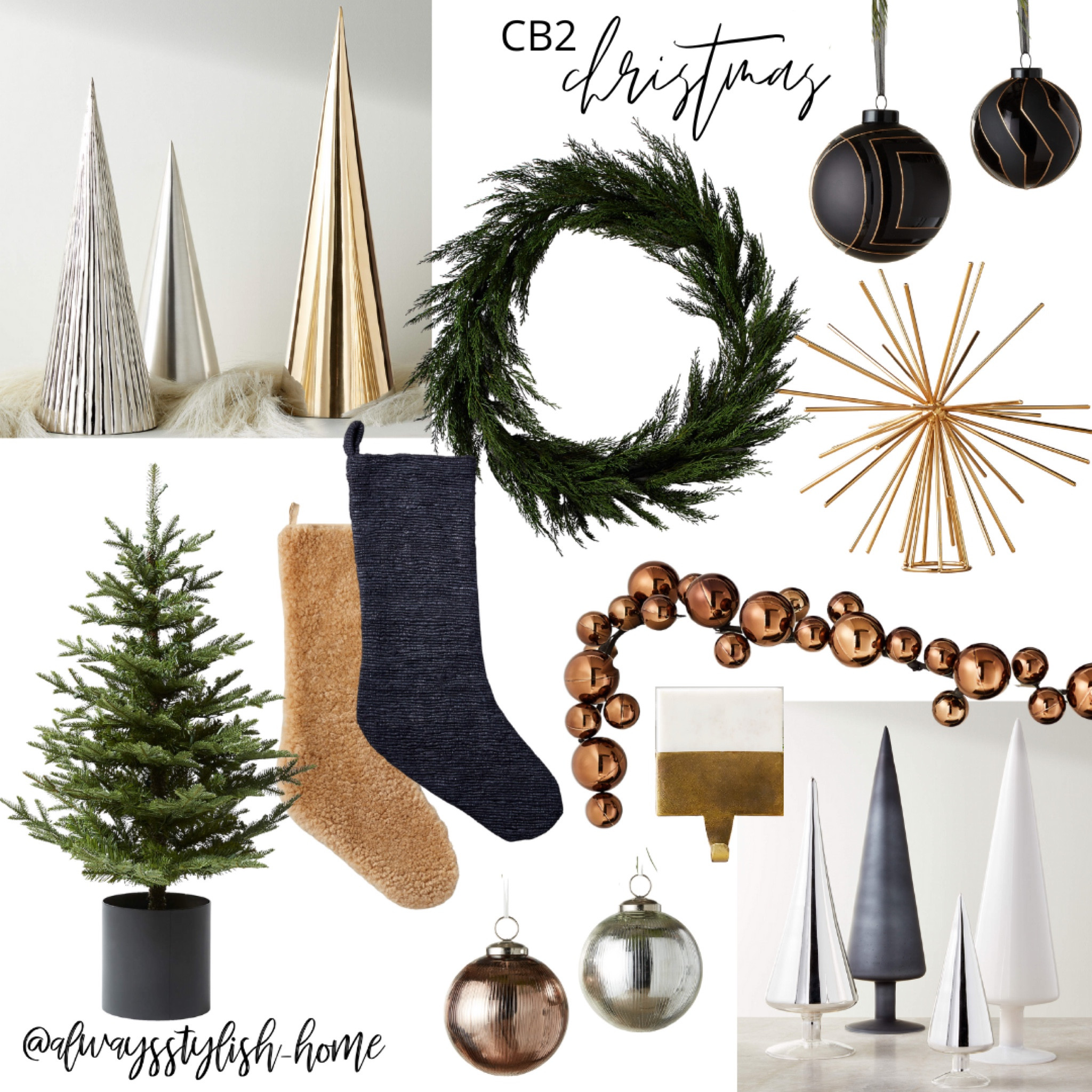 CB2 Christmas decor! Mixed metals Christmas trees, modern Christmas tree, Christmas cedar wreath, black gold ornament, copper silver ornament, black Christmas stocking, camel Christmas stocking, Christmas tree, gold tree topper, holiday decor, marble gold stocking holder

#LTKHoliday #LTKhome