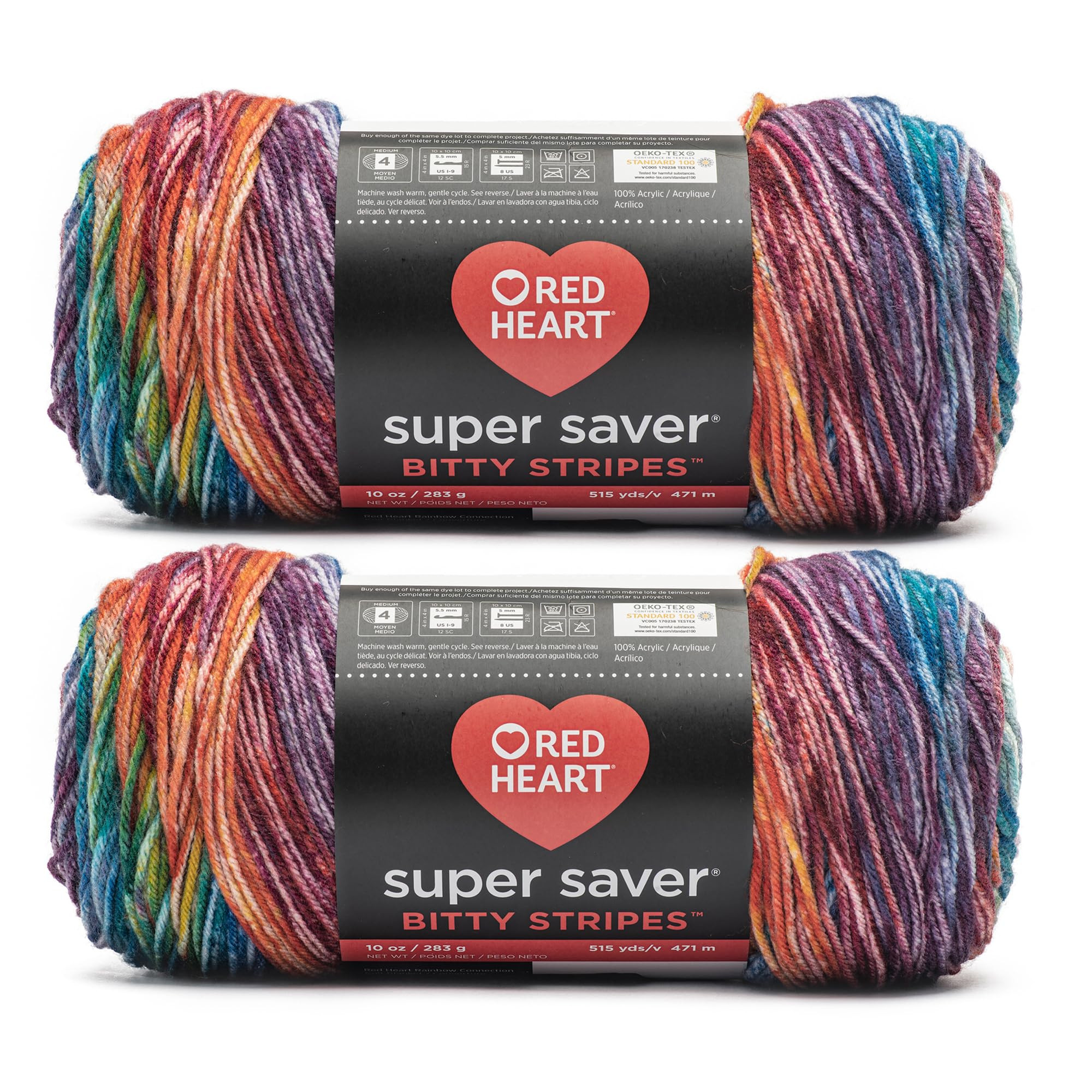 Red Heart Super Saver Bitty Stripes Crayon Box Yarn - 2 Pack of 10oz/283g - 100% Acrylic - #4 Wor... | Amazon (US)