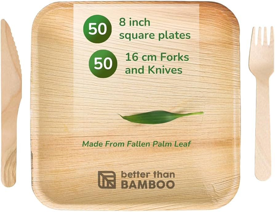 Better than Bamboo 50 8 Inch Disposable Square Palm Leaf Plates + 100 Cutlery (50 Forks, 50 Knive... | Amazon (US)
