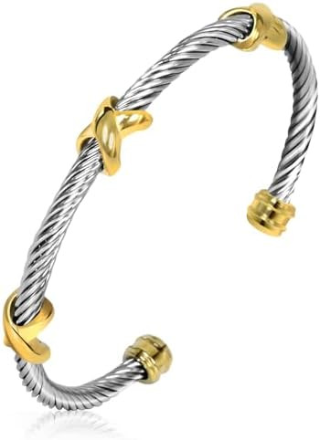 Cuff Bangle Bracelet, Stainless Steel Twisted Cable Wire Bangle Bracelet, Two Tone Vintage Bracel... | Amazon (US)