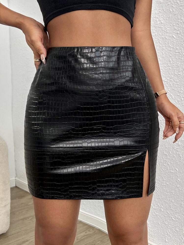 High Waist Split Hem PU Leather Skirt | SHEIN