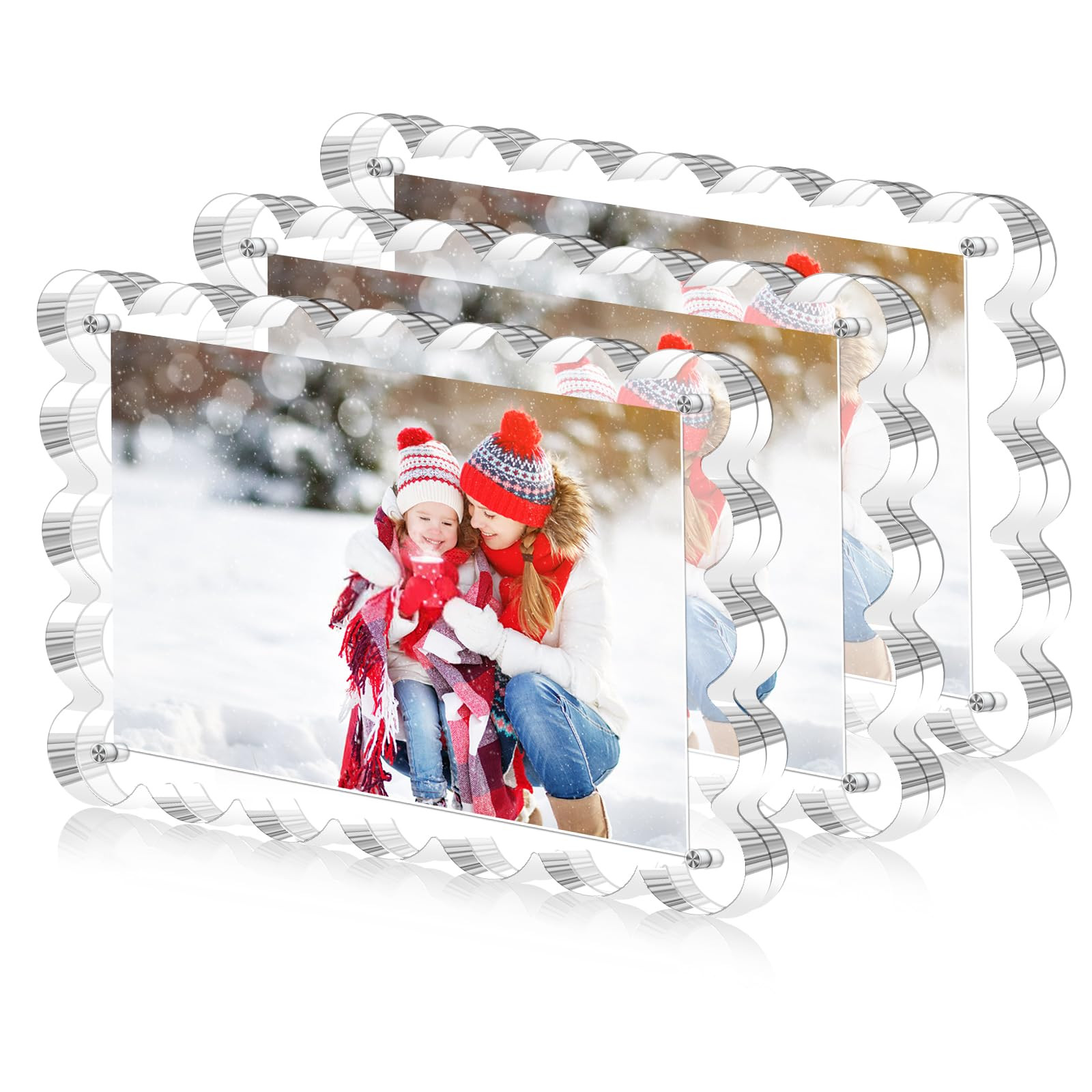 3 Pack Magnetic Acrylic Picture Frames 5x7 Inch - Freestanding Scalloped Magnet Photo Frame with 10+10MM Thick Block, Double Sided Clear Frameless Frame for Desktop Display | Amazon (US)