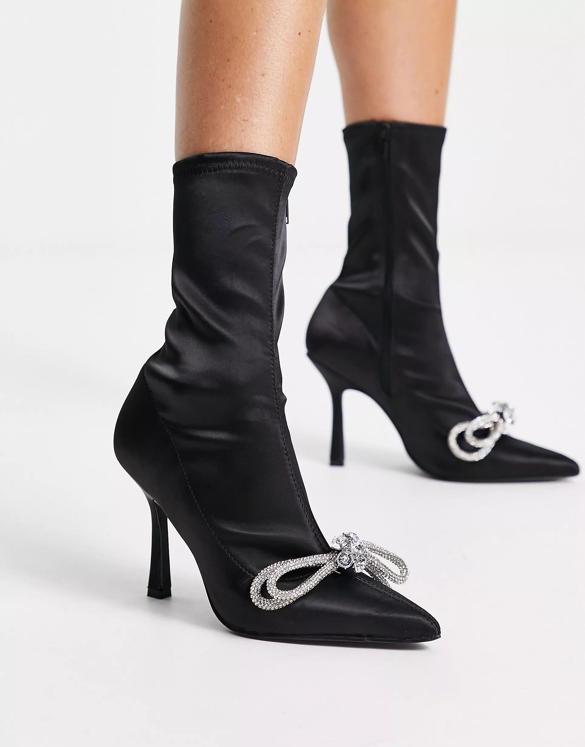 ASOS DESIGN Empress heeled bow embellished sock boots in black | ASOS (Global)