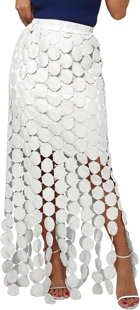 Kissonic Womens Long Fringe Maxi Skirt Summer Hollow Out Boho Elastic High Waist Skirt | Amazon (US)