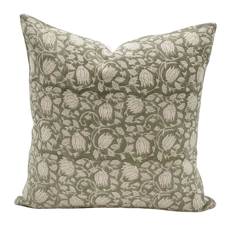Designer Grey Green Floral Design on Natural Linen Pillow Cover, Sage Green Pillow cover, Boho Pi... | Etsy (US)