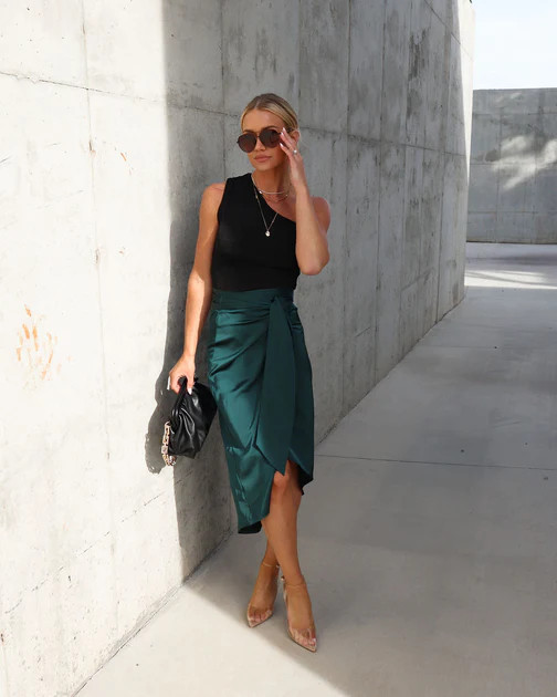 Evita Satin Wrap Midi Skirt - Dark Green | VICI