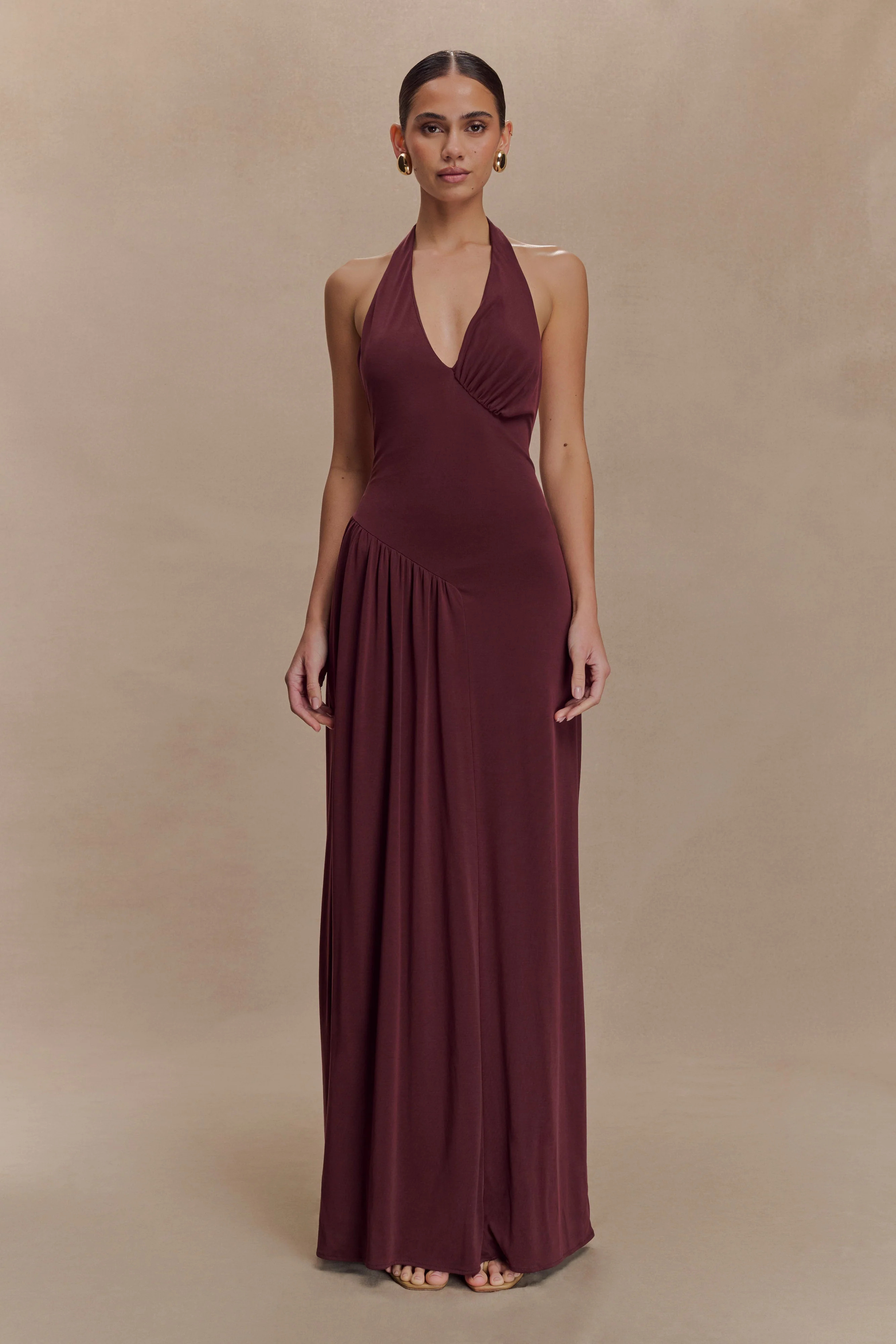 Yelena Ruched Halter Maxi Dress - Mahogany | Meshki UK