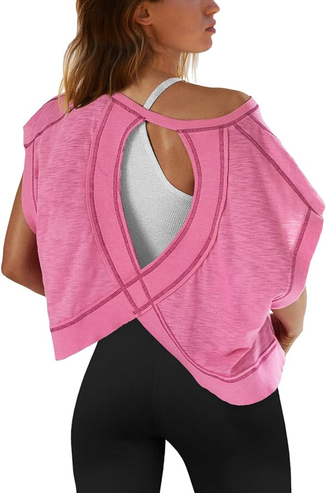 SENSERISE Womens Open Back Workout Tops Backless Short Sleeve Athletic Shirt Running Crop Top Gym... | Amazon (US)