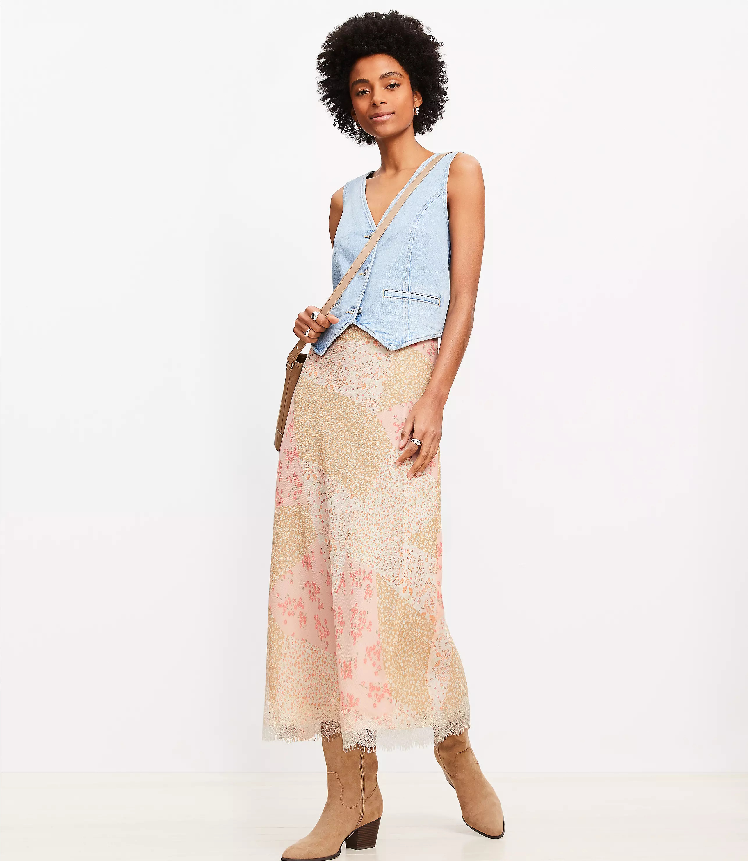 Floral Lace Trim Bias Midi Skirt | LOFT