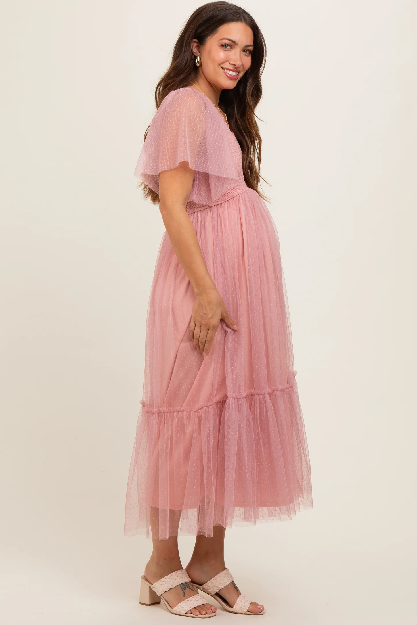 Mauve Dotted Tulle Smocked Maternity Midi Dress | PinkBlush Maternity
