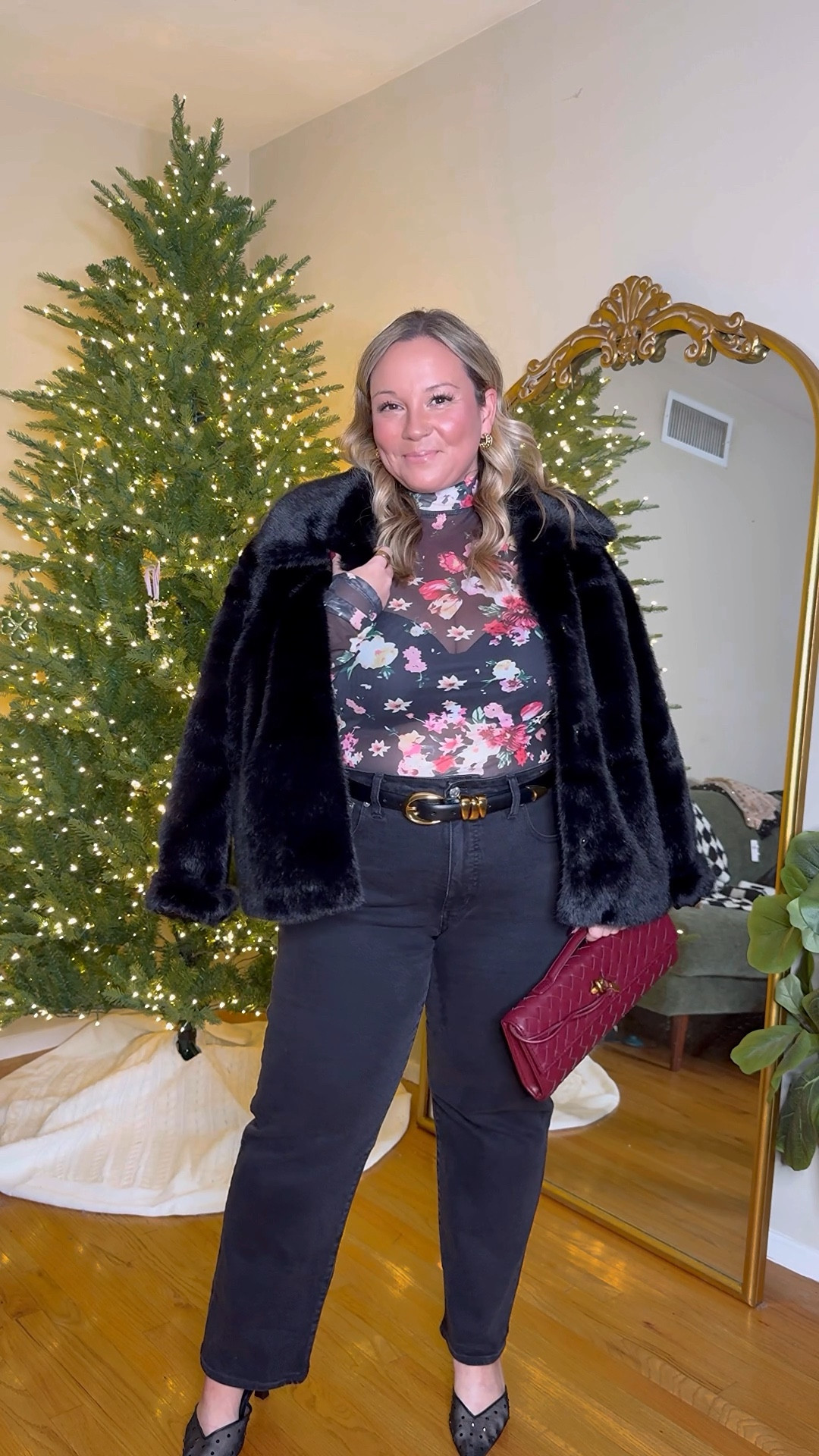 Midsize holiday outfit 
Madewell jeans size 31 petite 
They are such a great pair of black denim and super soft! 
Amazon mesh floral top size XL 
Faux fur Jacket size large 
Lipgloss in shade Aura

Amazon finds, Christmas, Christmas outfit, thanksgiving outfit, jeans, fall outfit, Abercrombie, Amazon fashion, petite style, maroon bag, trendy styles, affordable fashion  

#LTKHoliday #LTKMidsize #LTKFindsUnder50