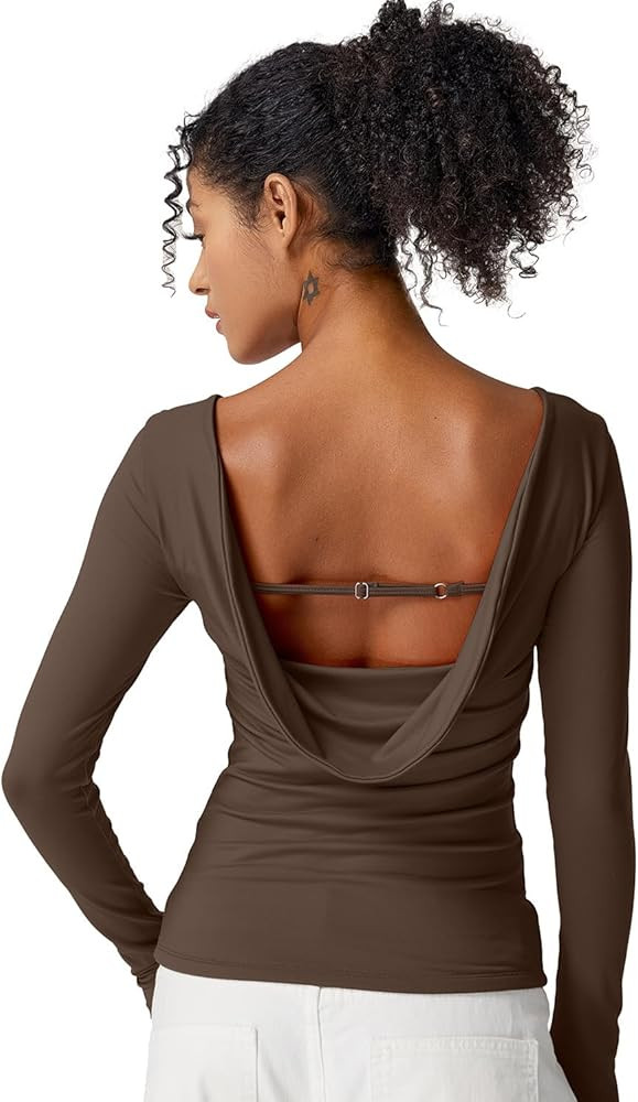 QINSEN Women's Cowl Back Long Sleeve Shirts Boat Neck Double Lined Going Out Tops Stretchy Fitted... | Amazon (US)