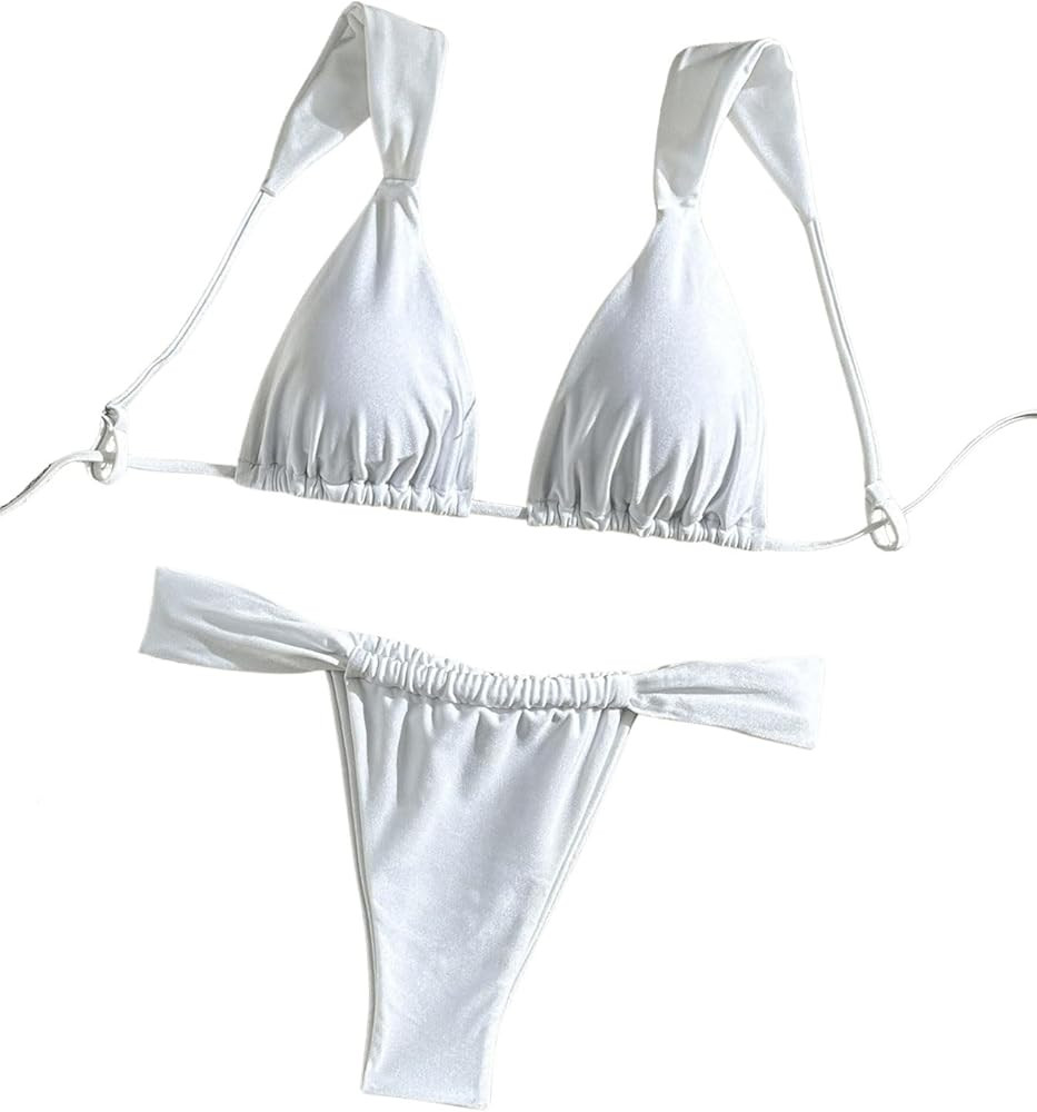 MakeMeChic Women's Floral Print 2 Piece Bikini Sets Tie Back Triangle Thong Bathing Suit Swimsuit | Amazon (US)